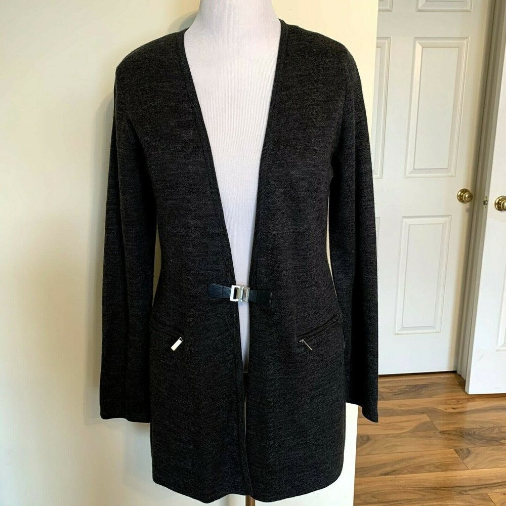 Calvin Klein wool blend gray buckled cardigan L